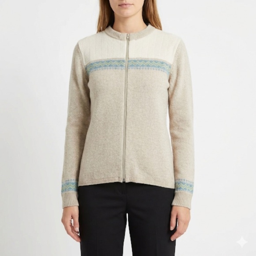 Woolrich Women’s Fair Isle Zip Lambswool Sweater British Tan Size M